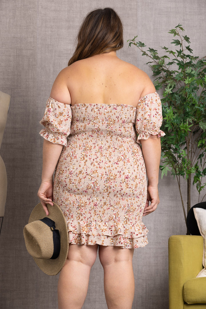 SMOCKED FLORAL PRINT OFF SHOULDER PLUS SIZE MINI DRESS D4565X