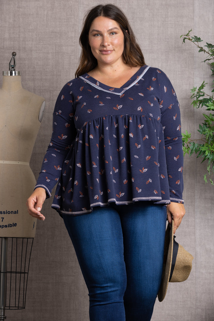 NAVY FALL LEAVES PRINT BABY-DOLL STYLE PLUS SIZE TOP-PTJ10117PB