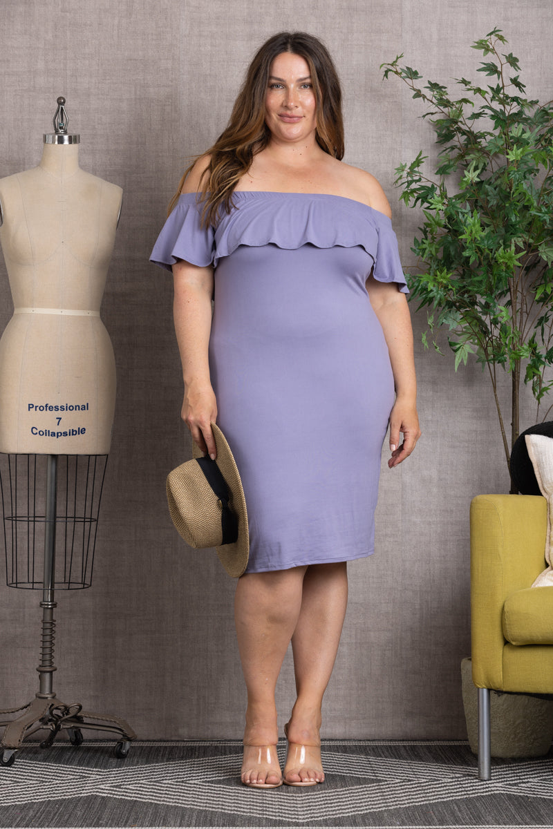 RUFFLE OFF SHOULDER PLUS SIZE MIDI DRESS