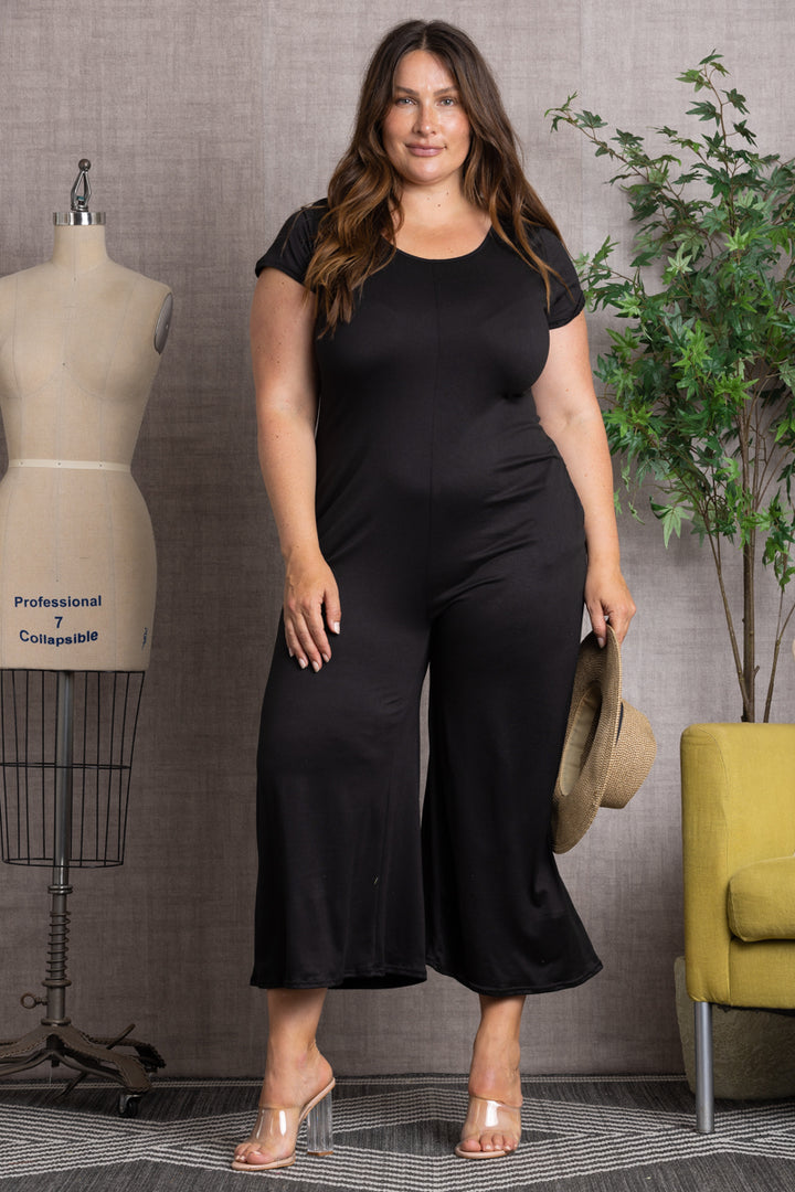 BLACK SHORT SLEEVES WIDE LEG PLUS SIZE JUMPSUIT P7773