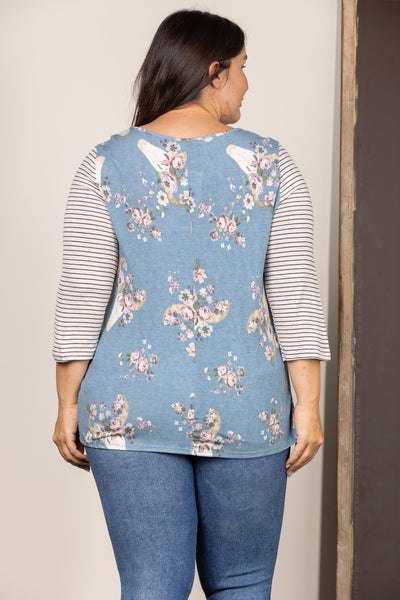 BLUE FLORAL STRIPE TWISTED HEM PLUS SIZE TOP T2324