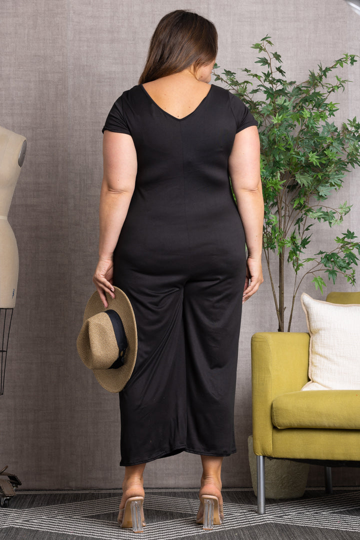 BLACK SHORT SLEEVES WIDE LEG PLUS SIZE JUMPSUIT P7773