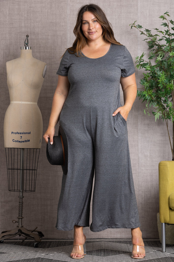 GREY SHORT SLEEVES WIDE LEG PLUS SIZE JUMPSUIT P7773