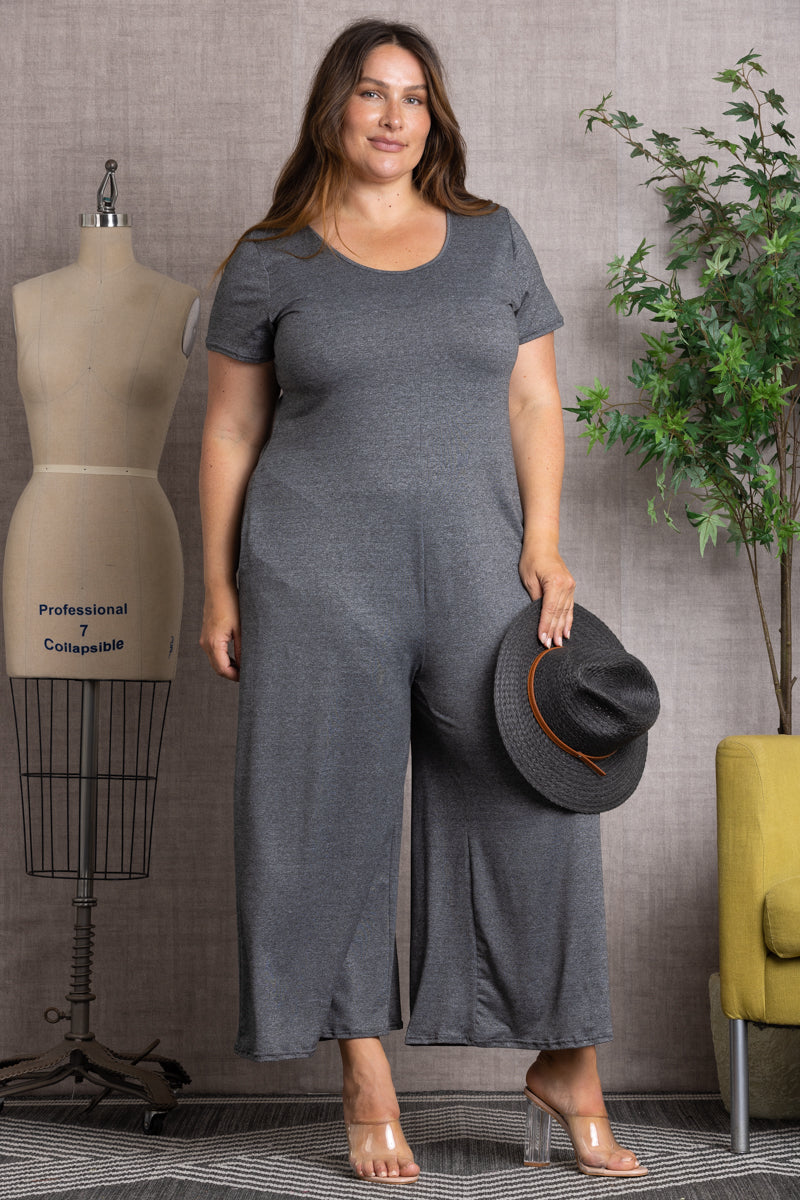 GREY SHORT SLEEVES WIDE LEG PLUS SIZE JUMPSUIT P7773