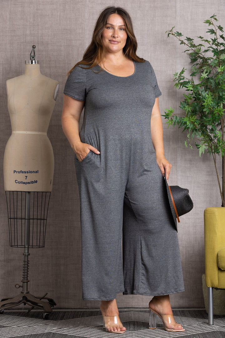 GREY SHORT SLEEVES WIDE LEG PLUS SIZE JUMPSUIT P7773