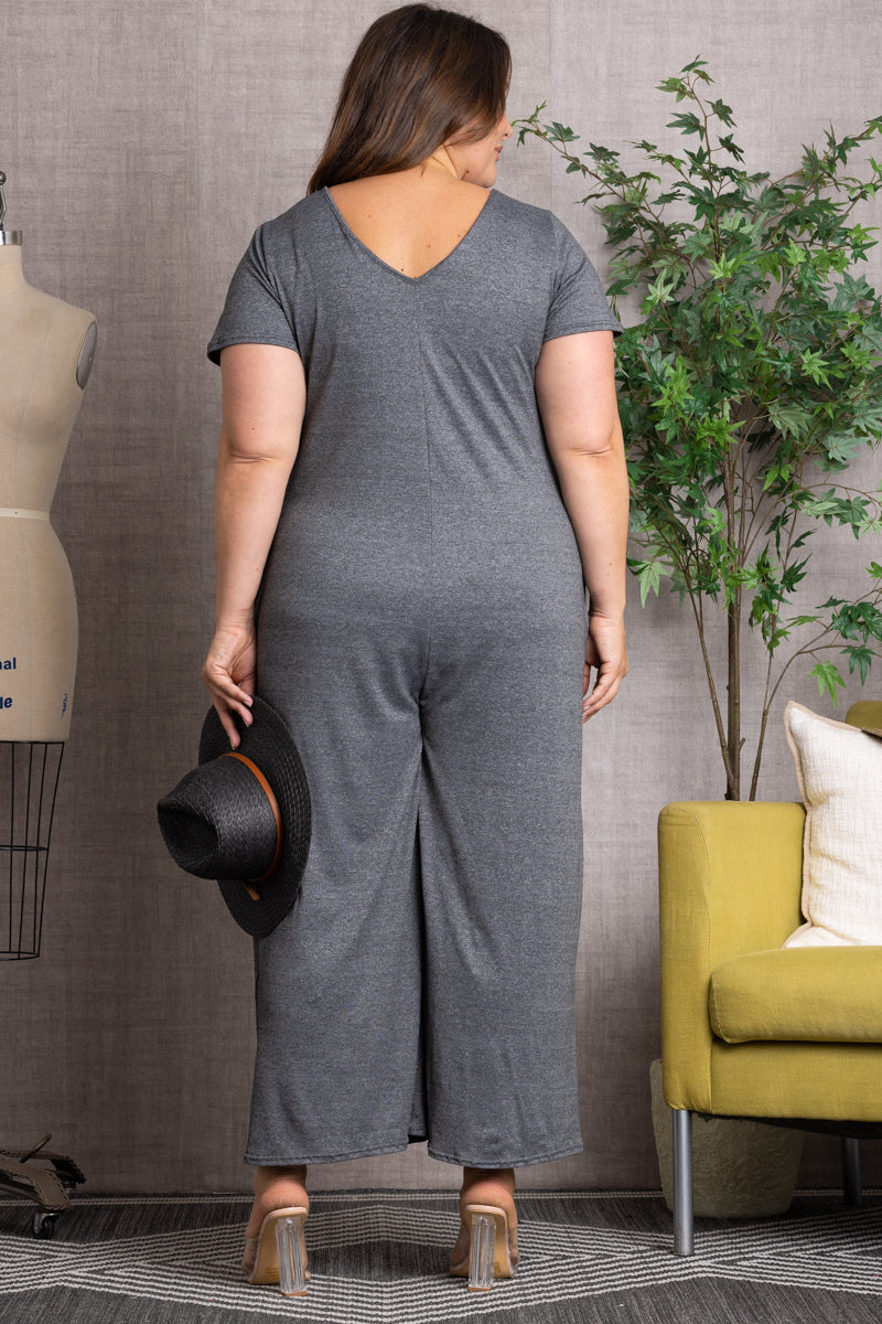 GREY SHORT SLEEVES WIDE LEG PLUS SIZE JUMPSUIT P7773