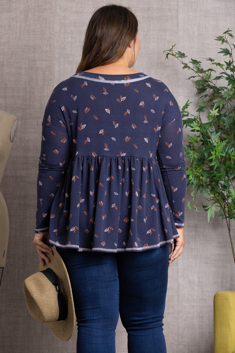 NAVY FALL LEAVES PRINT BABY-DOLL STYLE PLUS SIZE TOP-PTJ10117PB