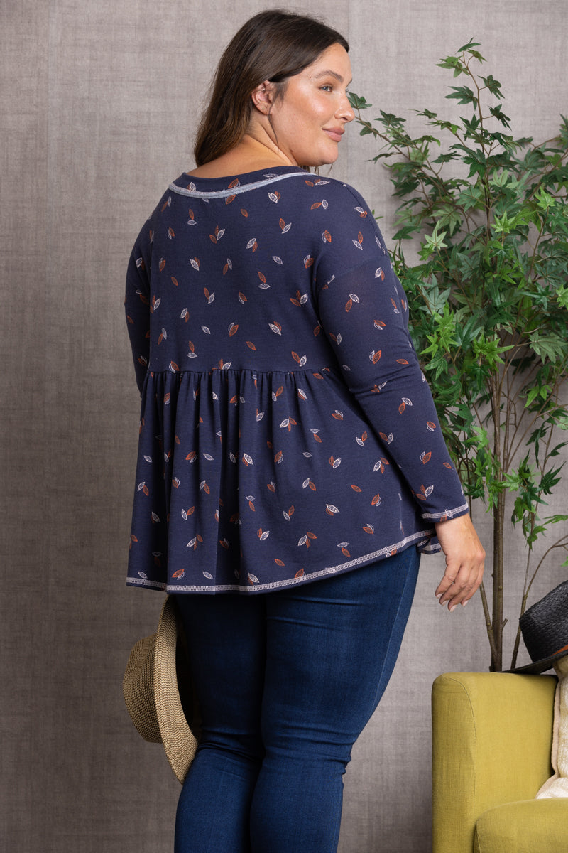 NAVY FALL LEAVES PRINT BABY-DOLL STYLE PLUS SIZE TOP-PTJ10117PB