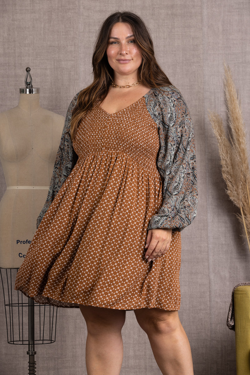 PECAN COMBO PUFF LONG SLEEVES PLUS SIZE MIDI DRESS-CIDM9367