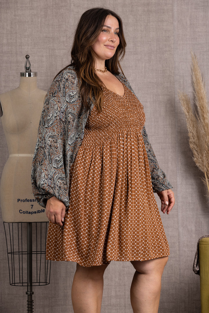 PECAN COMBO PUFF LONG SLEEVES PLUS SIZE MIDI DRESS-CIDM9367