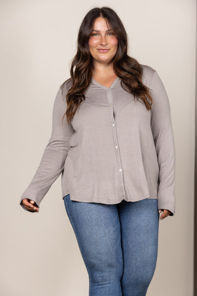 TAUPE V-NECK BUTTON DOWN PLUS SIZE KNIT TOP T8820PL