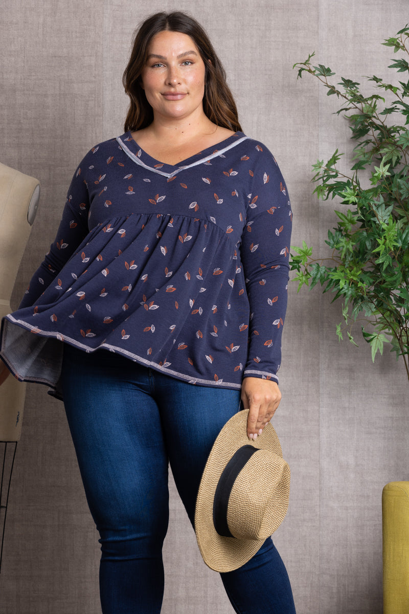 NAVY FALL LEAVES PRINT BABY-DOLL STYLE PLUS SIZE TOP-PTJ10117PB