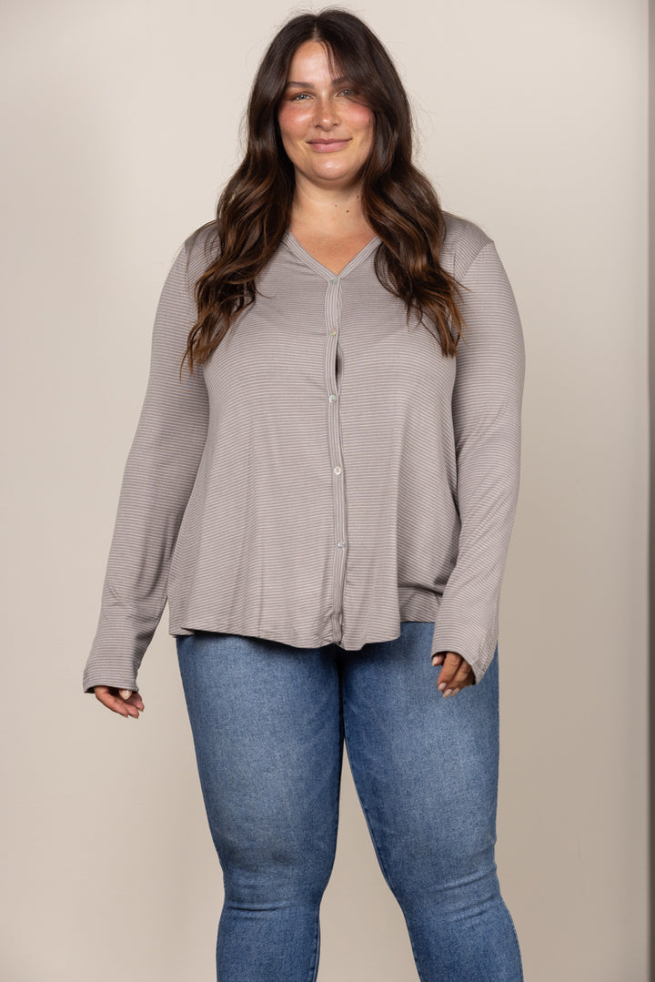 TAUPE V-NECK BUTTON DOWN PLUS SIZE KNIT TOP T8820PL