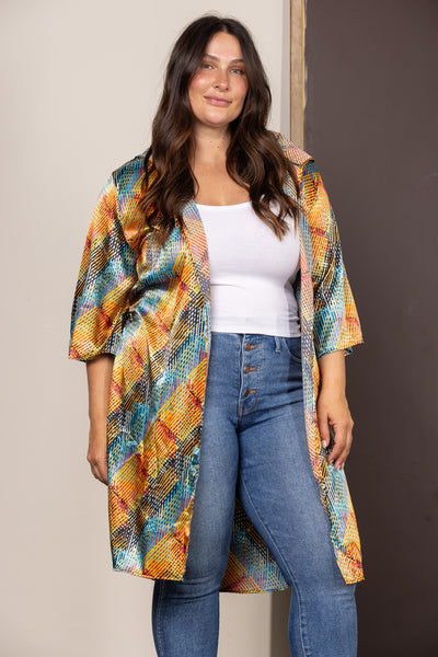 T6607-Wholesale MULTICOLOR SATIN HOODED ROBE PLUS SIZE CARDIGAN