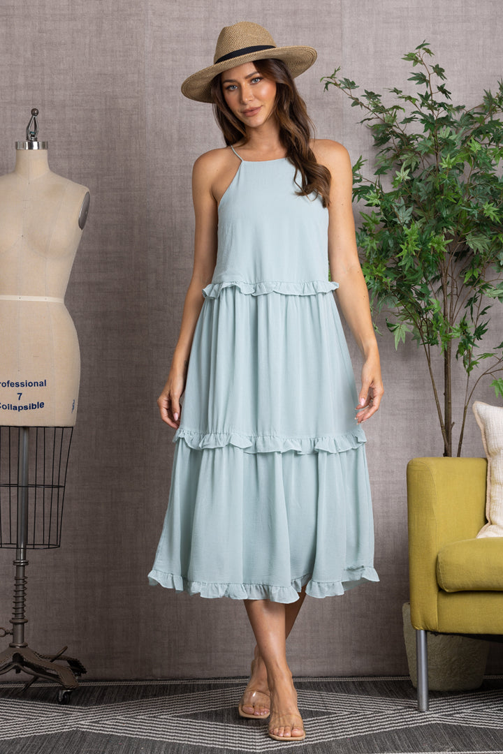 BLUE GREY CRINKLED HALTER NECK RUFFLED MIDI DRESS-SS7515