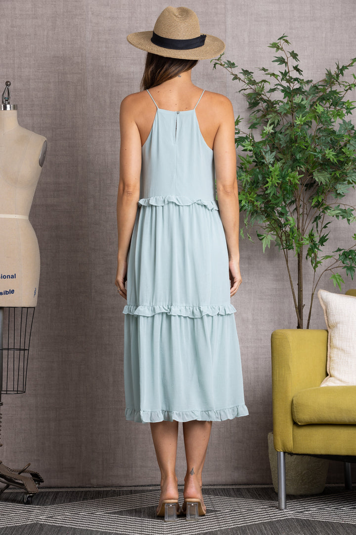 BLUE GREY CRINKLED HALTER NECK RUFFLED MIDI DRESS-SS7515