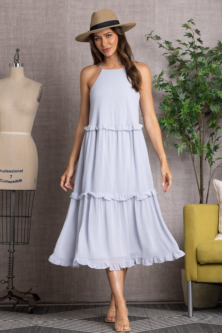 BLUE GREY CRINKLED HALTER NECK RUFFLED MIDI DRESS-SS7515