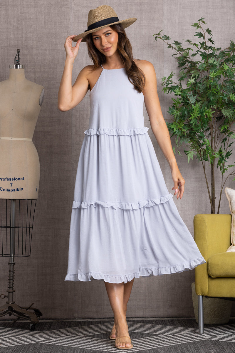 BLUE GREY CRINKLED HALTER NECK RUFFLED MIDI DRESS-SS7515