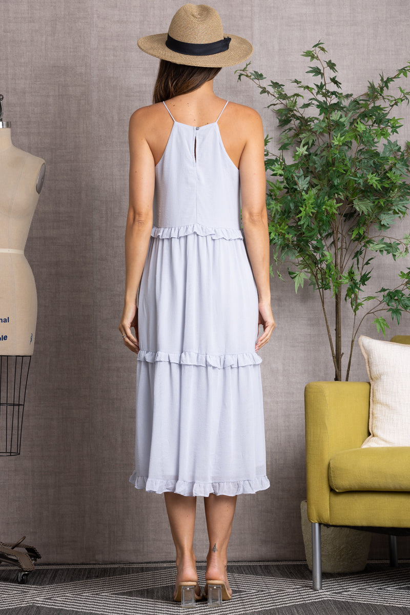 BLUE GREY CRINKLED HALTER NECK RUFFLED MIDI DRESS-SS7515