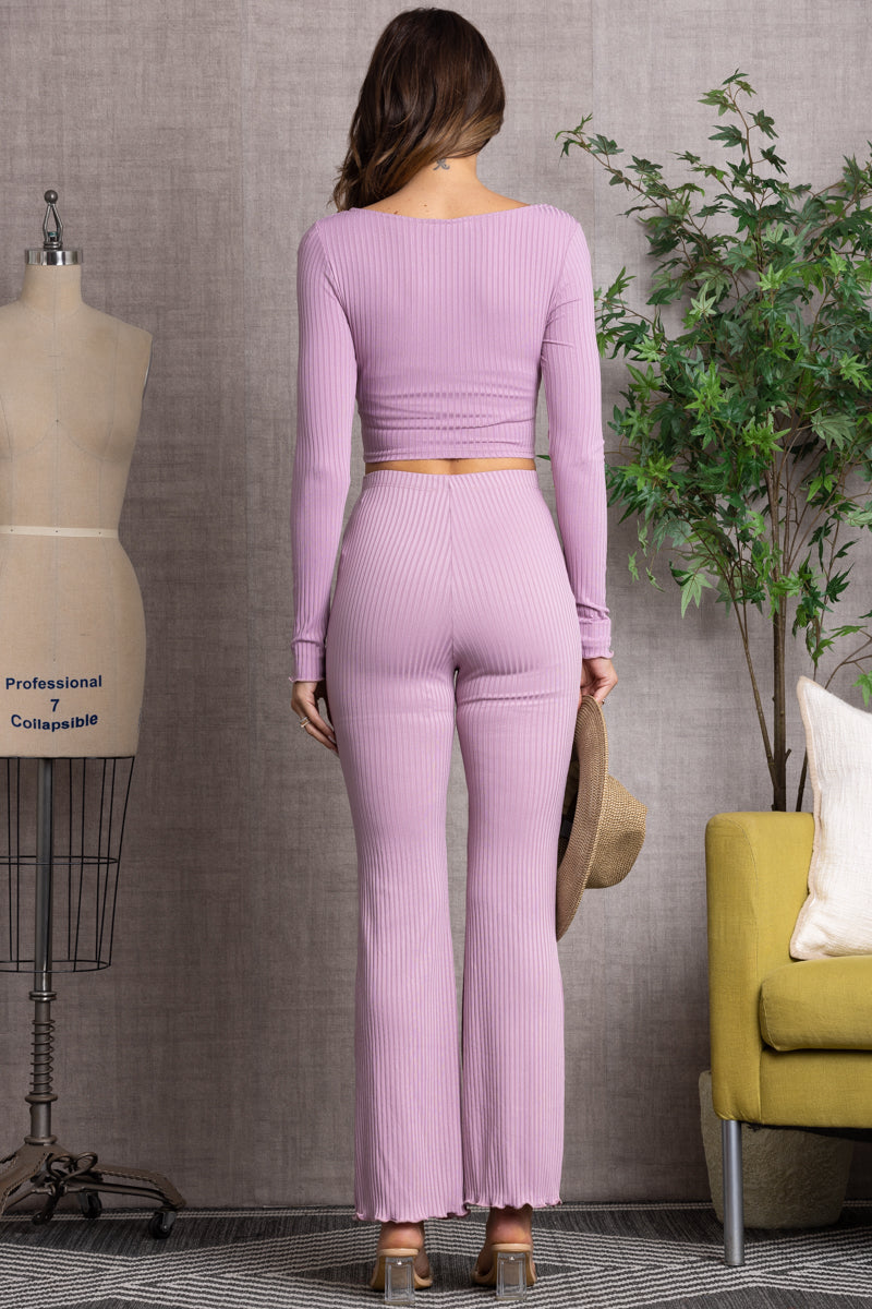 RIBBED LONG SLEEVE CROPTOP W/ PANTS 2PC SET-S02267