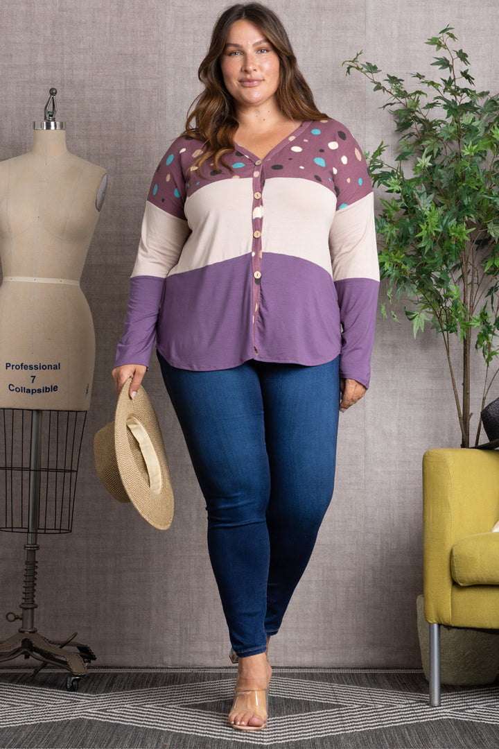 POLKADOT COLOR BLOCK BUTTON DOWN PLUS SIZE SWEATER-CT43590DX