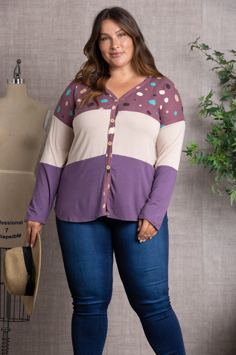 POLKADOT COLOR BLOCK BUTTON DOWN PLUS SIZE SWEATER-CT43590DX