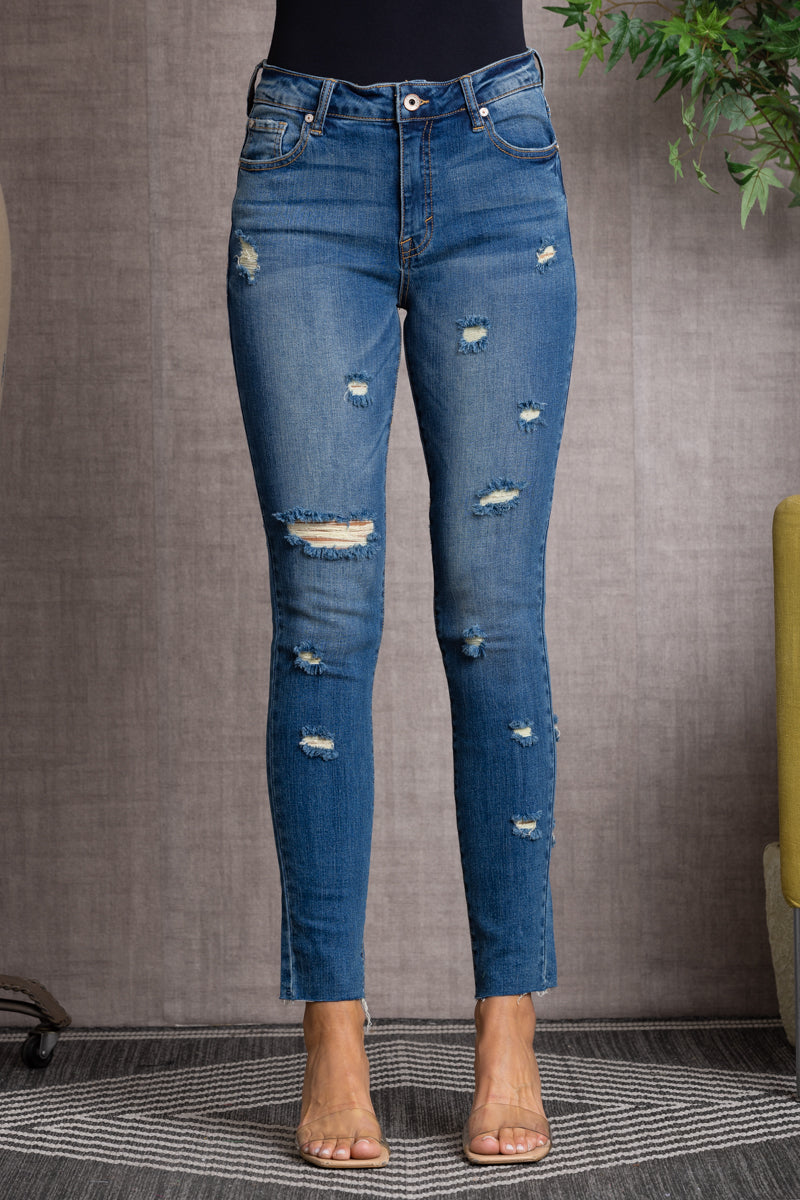 MEDIUM DARK BLUE LOW RISE RIPPED SKINNY DENIM JEANS-P7712MD