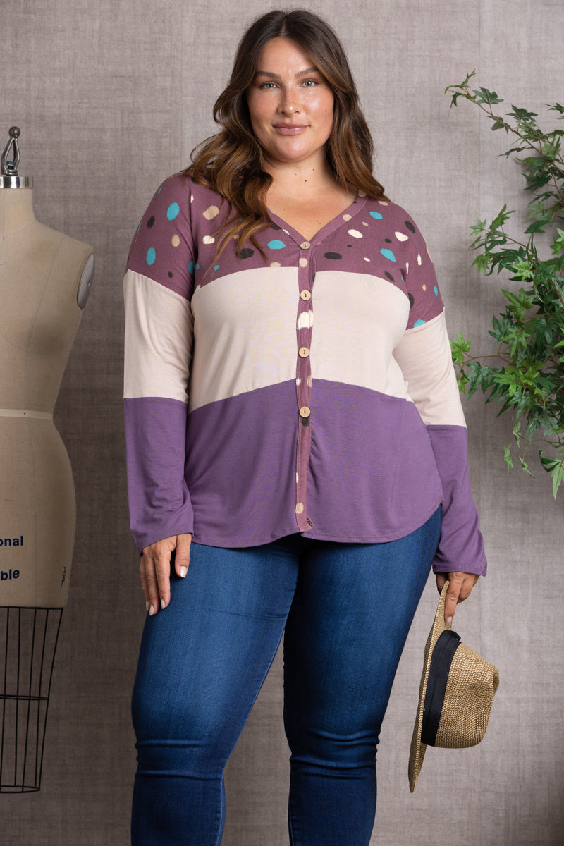 POLKADOT COLOR BLOCK BUTTON DOWN PLUS SIZE SWEATER-CT43590DX