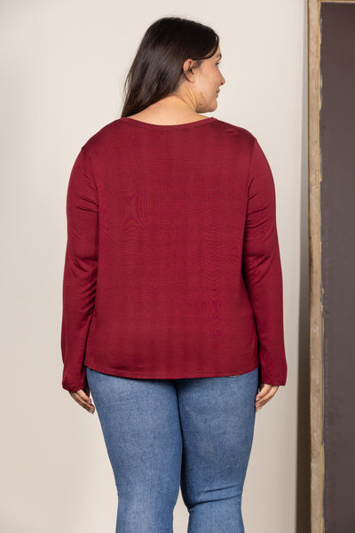 WINE V-NECK BUTTON DOWN PLUS SIZE KNIT TOP T8820PL