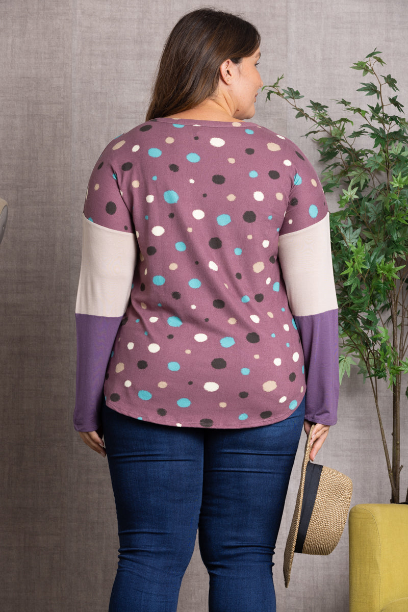 POLKADOT COLOR BLOCK BUTTON DOWN PLUS SIZE SWEATER-CT43590DX