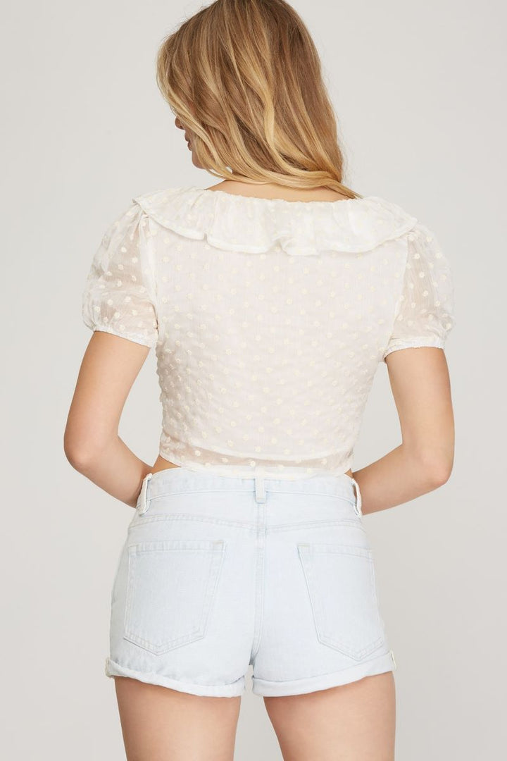 CREAM EMBROIDERED HALF SLEEVES RUCHED FRONT WOVEN TOP S5SY1745