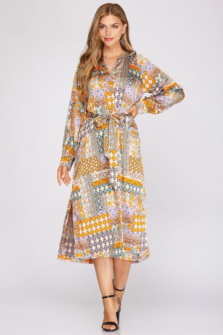 SUNFLOWER PATCHWORK PRINT LONG SLEEVES WOVEN MIDI DRESS S12SY3065