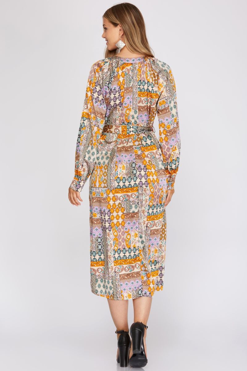 SUNFLOWER PATCHWORK PRINT LONG SLEEVES WOVEN MIDI DRESS S12SY3065