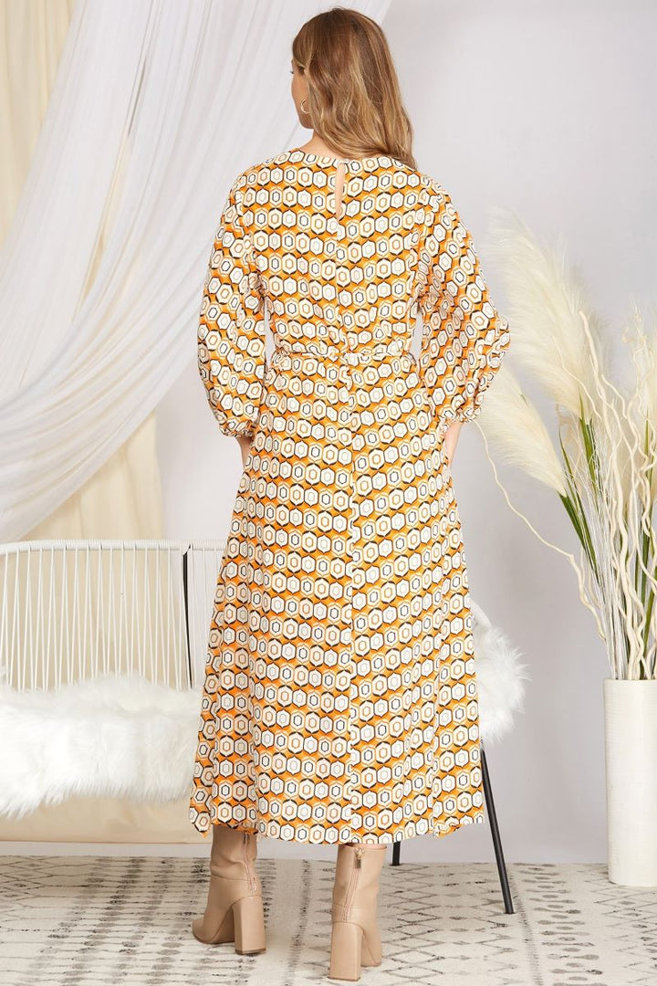 GOLD PRINTED V-NECK 3/4 SLEEVES WOVEN MIDI DRESS S12SY3074