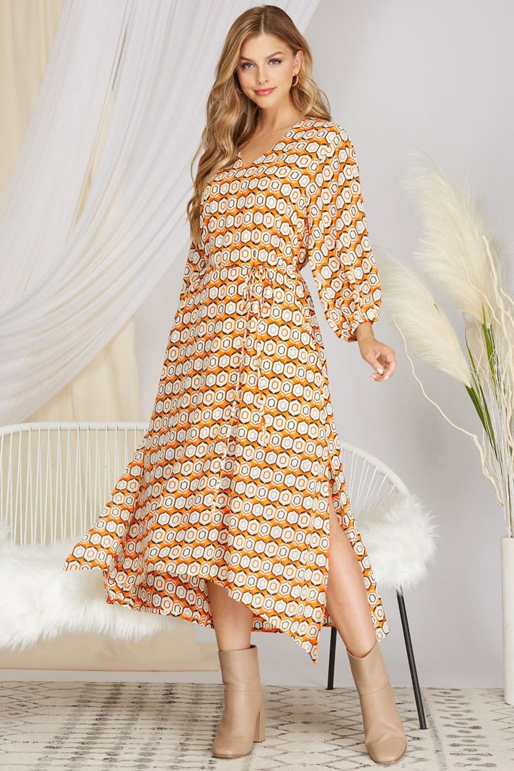 GOLD PRINTED V-NECK 3/4 SLEEVES WOVEN MIDI DRESS S12SY3074