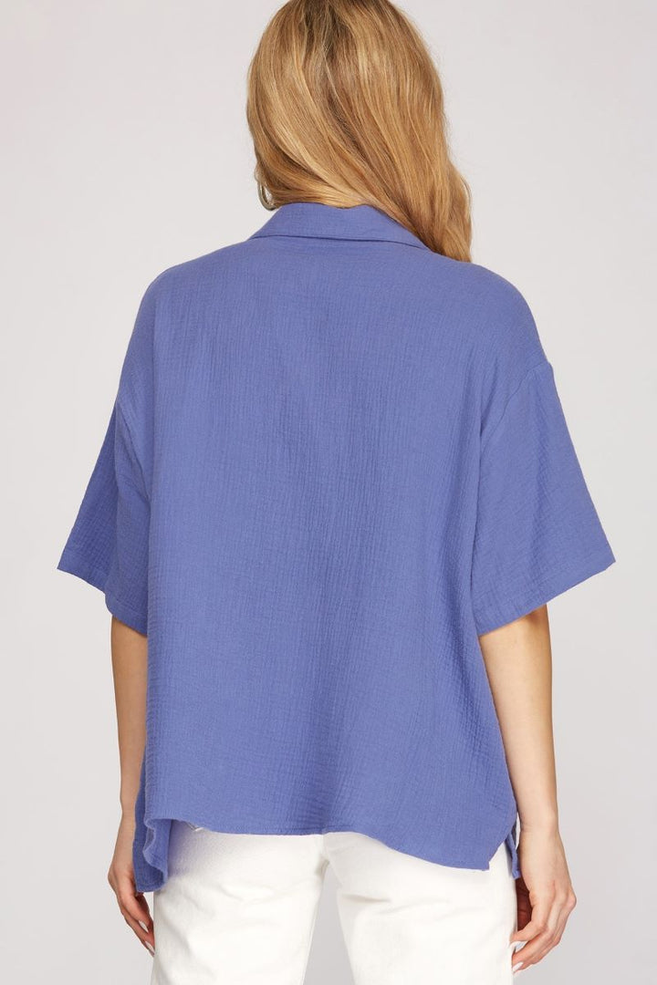 VIOLET BLUE COLLARED SHORT SLEEVES BUTTON DOWN WOVEN TOP S8SY3388