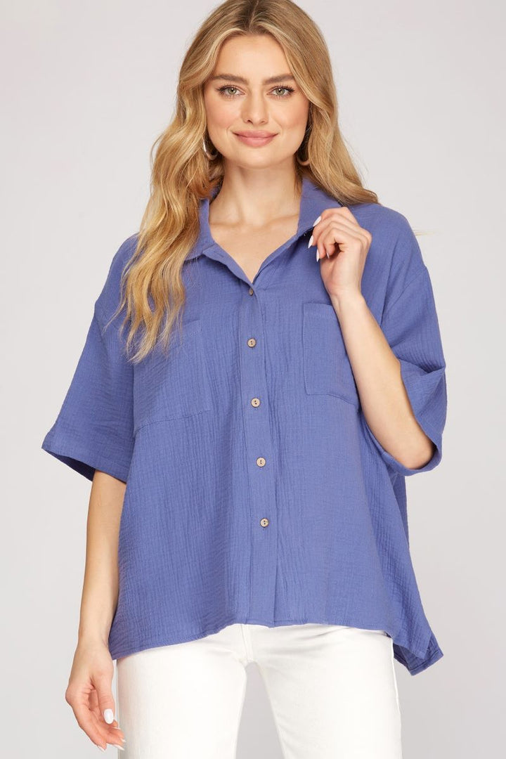 VIOLET BLUE COLLARED SHORT SLEEVES BUTTON DOWN WOVEN TOP S8SY3388