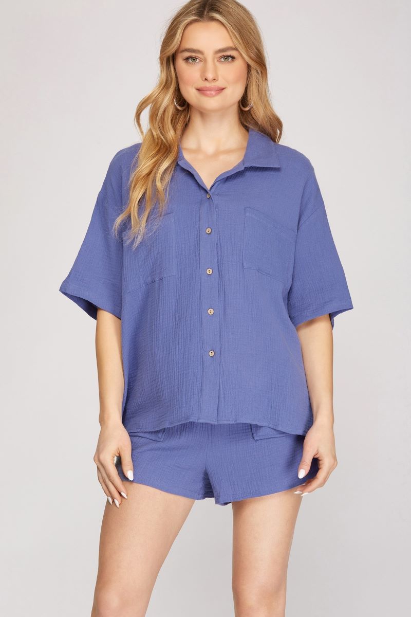 VIOLET BLUE COLLARED SHORT SLEEVES BUTTON DOWN WOVEN TOP S8SY3388