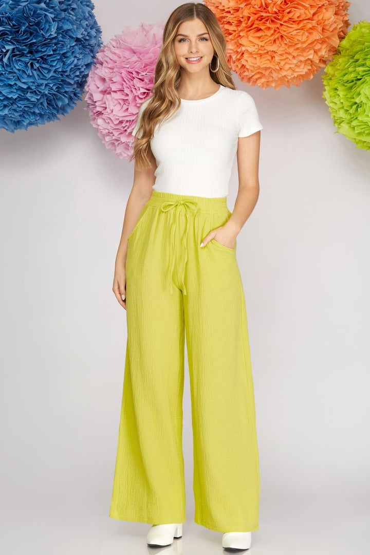 LIME DOUBLE GAUZE ELASTIC WAIST WIDE-LEG WOVEN PANTS S8SY3980