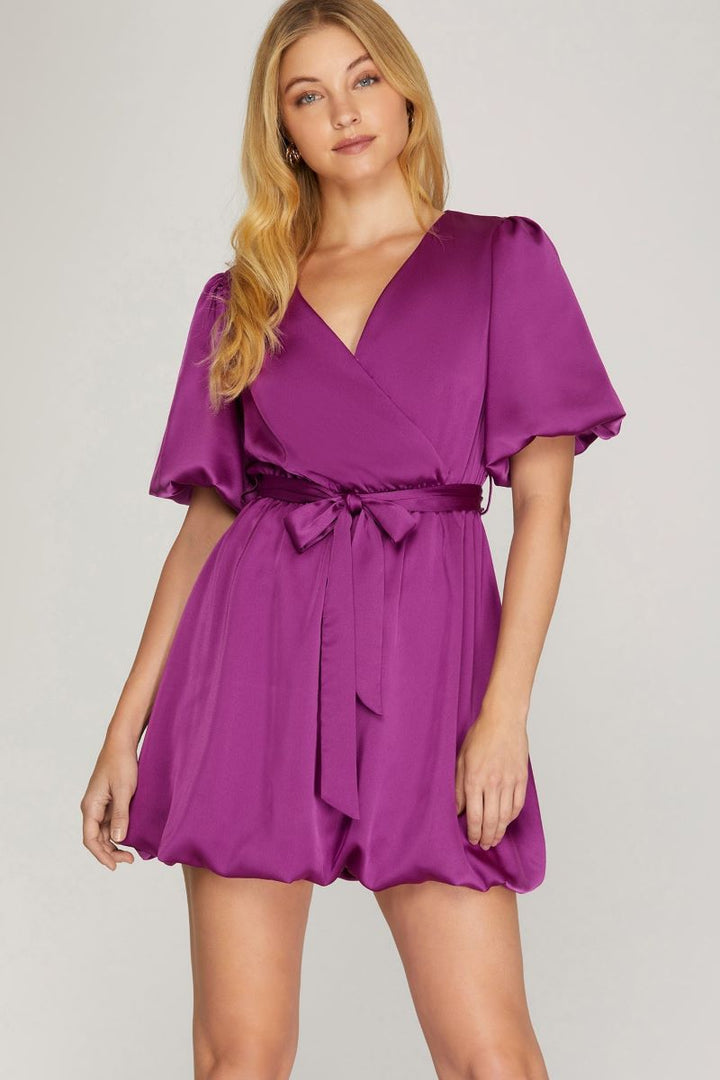 MAGENTA SURPLICE SATIN W/WAIST SASH BALLOON SLEEVES MINI DRESS S10SY4280