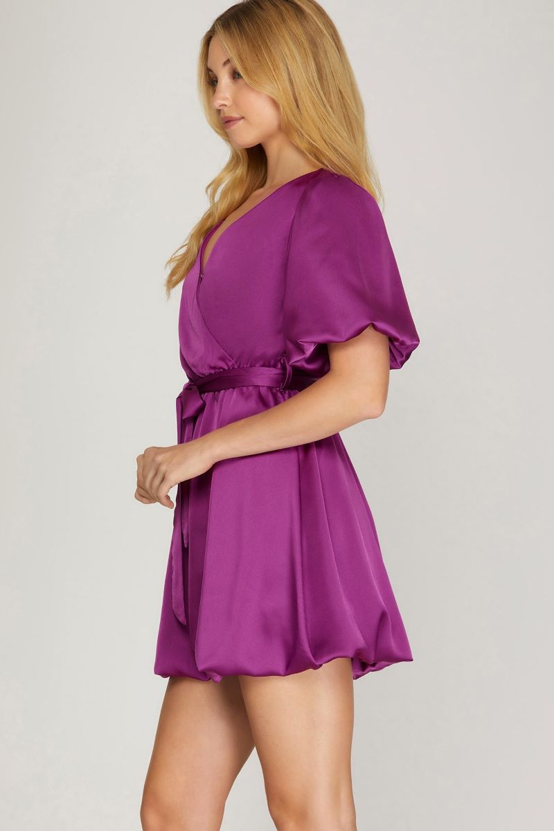 MAGENTA SURPLICE SATIN W/WAIST SASH BALLOON SLEEVES MINI DRESS S10SY4280