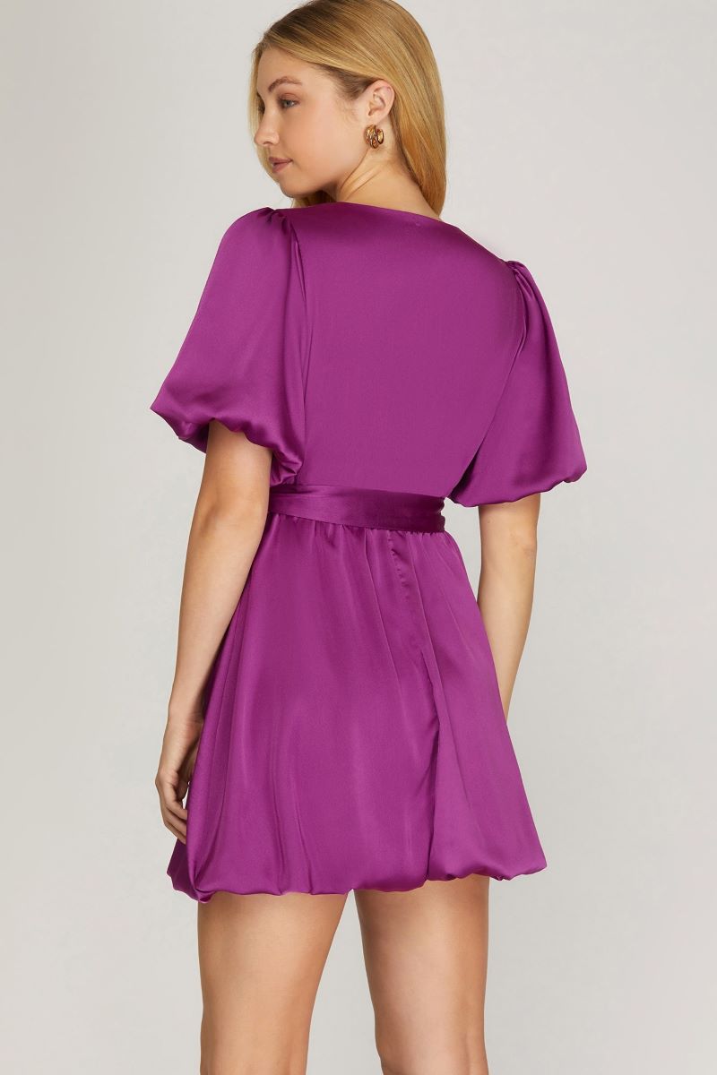 MAGENTA SURPLICE SATIN W/WAIST SASH BALLOON SLEEVES MINI DRESS S10SY4280