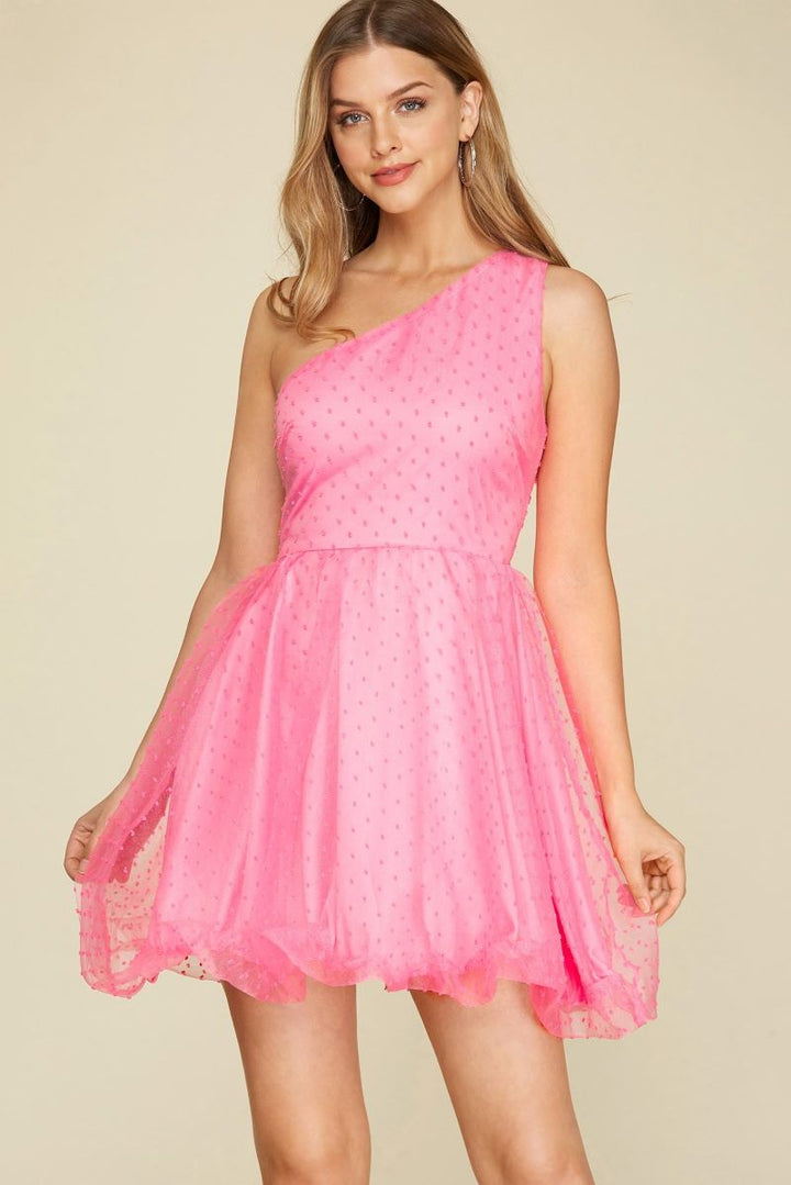 PINK POLKADOT ORGANZA ONE SHOULDER BALLOON HEM MINI DRESS S12SY4596