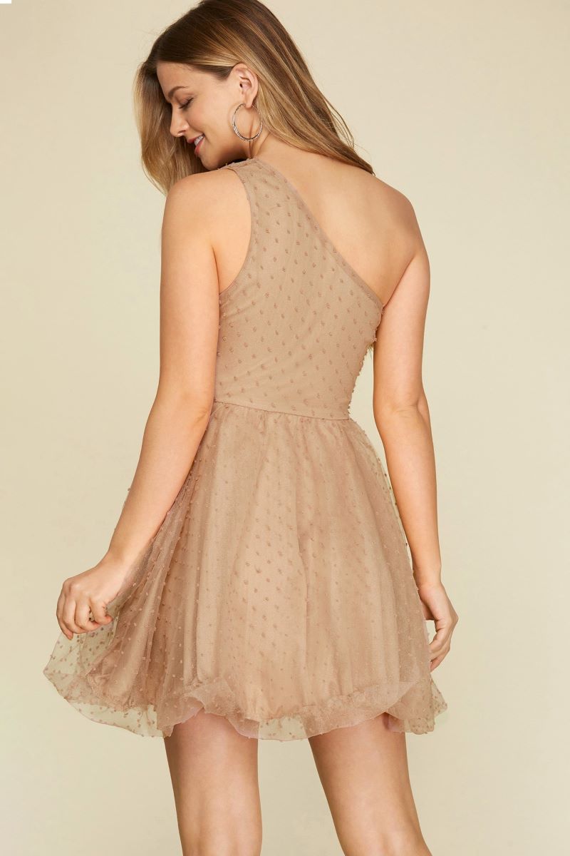 TAUPE POLKADOT ORGANZA ONE SHOULDER BALLOON HEM MINI DRESS S12SY4596