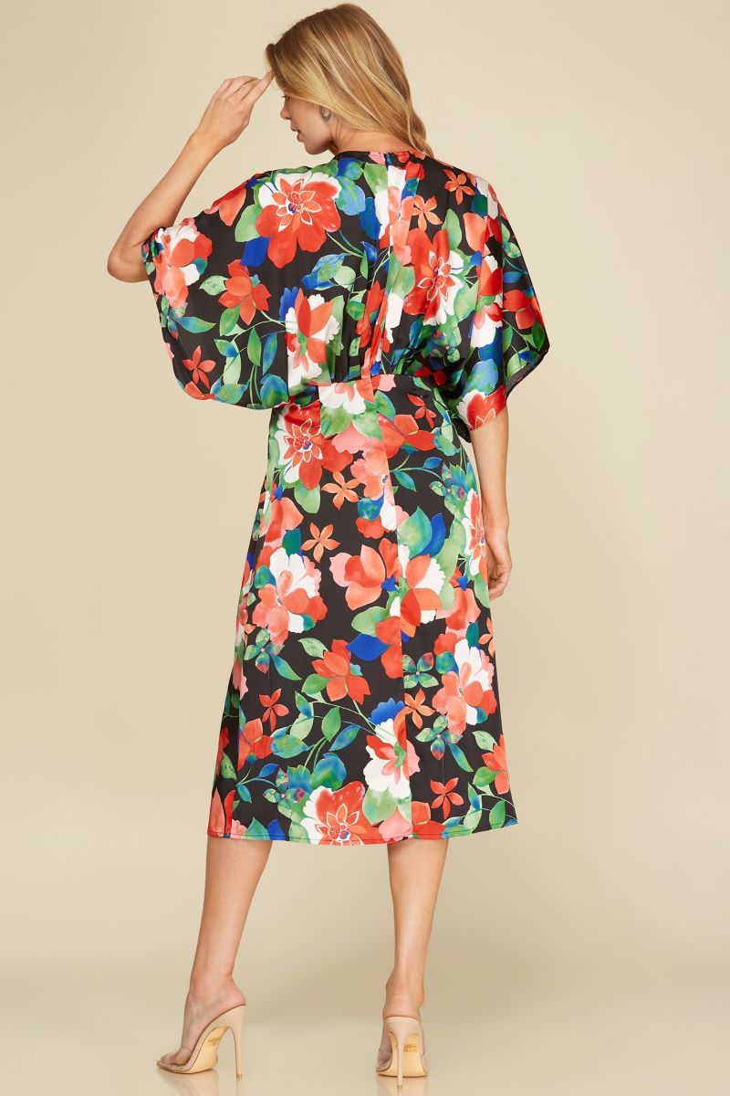 BLACK SATIN FLORAL PRINT KIMONO SLEEVES WOVEN MIDI DRESS S12SY4864