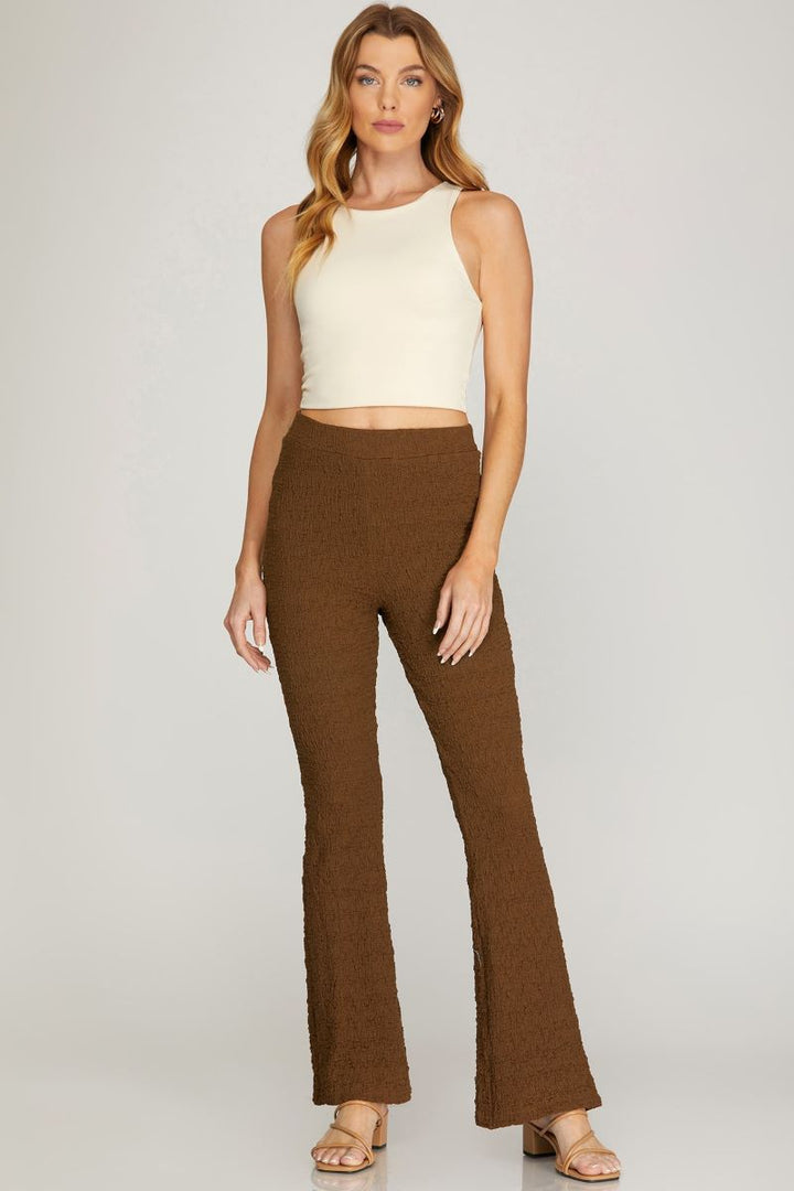 BROWN TEXTURED W/ELASTIC WAIST BAND KNIT PANTS S8SY5007