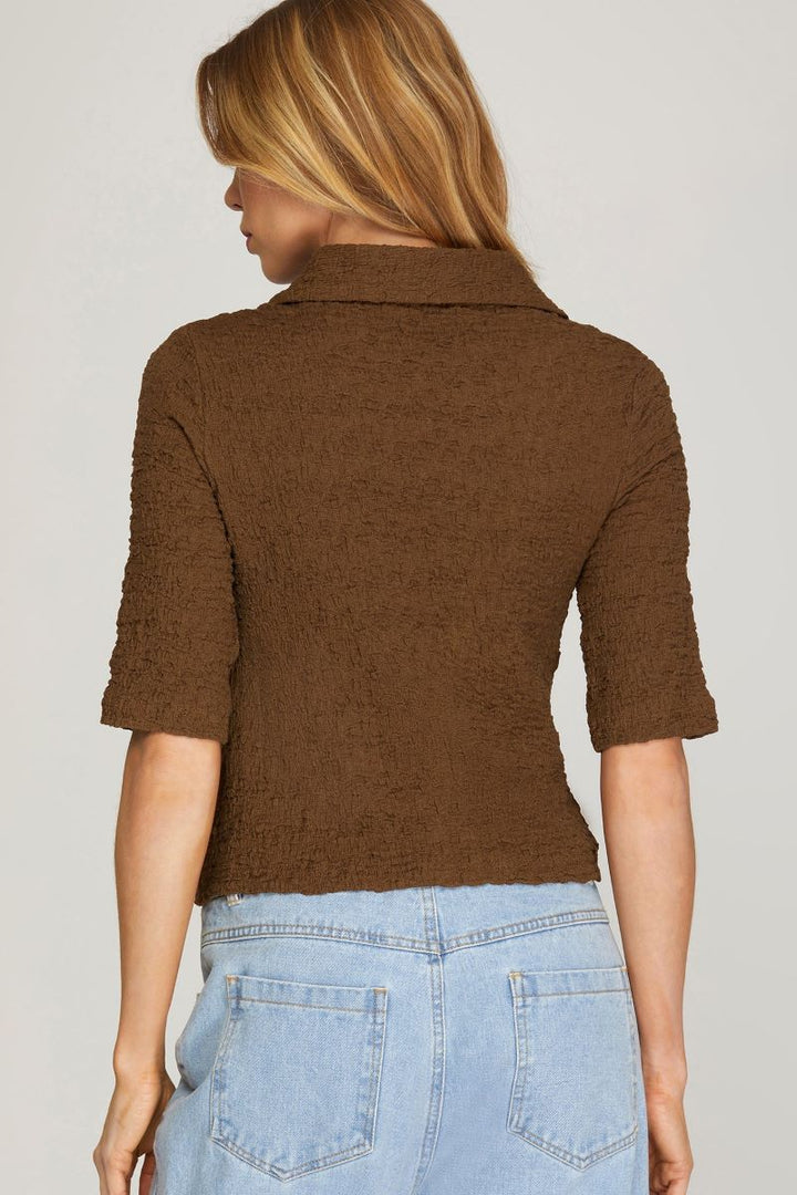 BROWN TEXTURED HALF SLEEVES BUTTON DOWN KNIT TOP S8SY5008