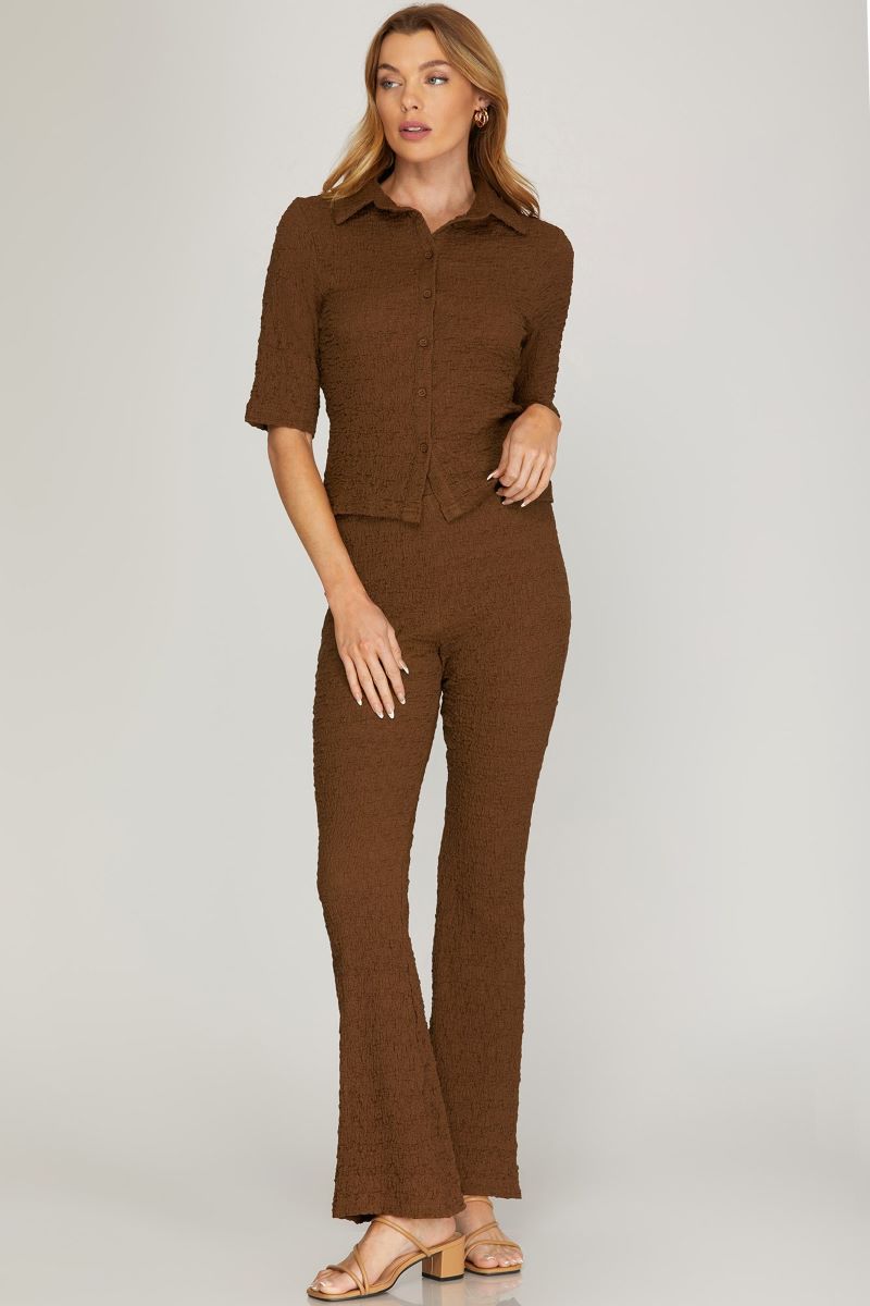 BROWN TEXTURED HALF SLEEVES BUTTON DOWN KNIT TOP S8SY5008