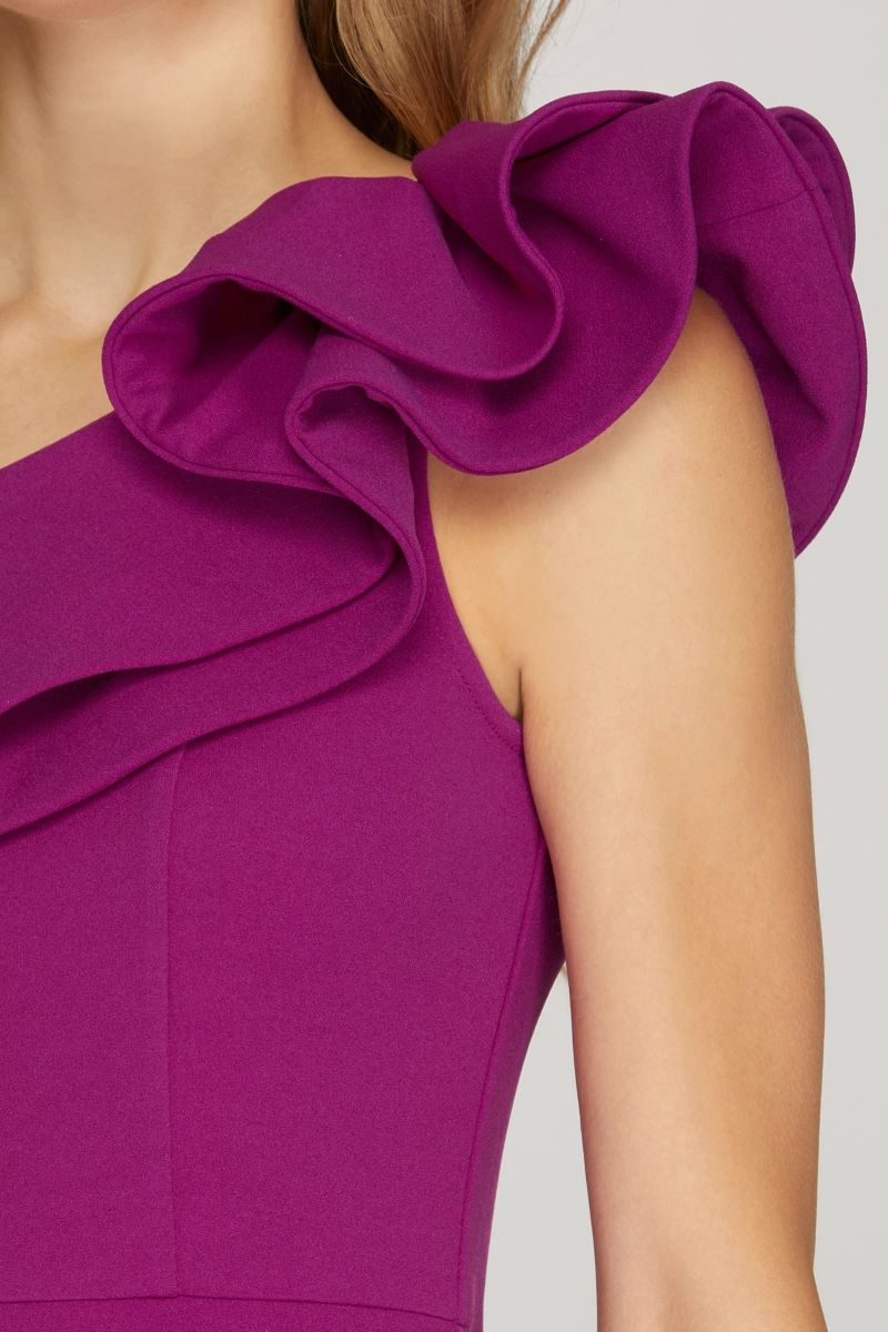 MAGENTA RUFFLED ONE SHOULDER HEAVY KNIT MINI DRESS S12SY5112