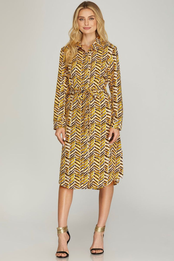 YELLOW LONG SLEEVES W/SIDE SLIT WOVEN MIDI DRESS S12SY5609